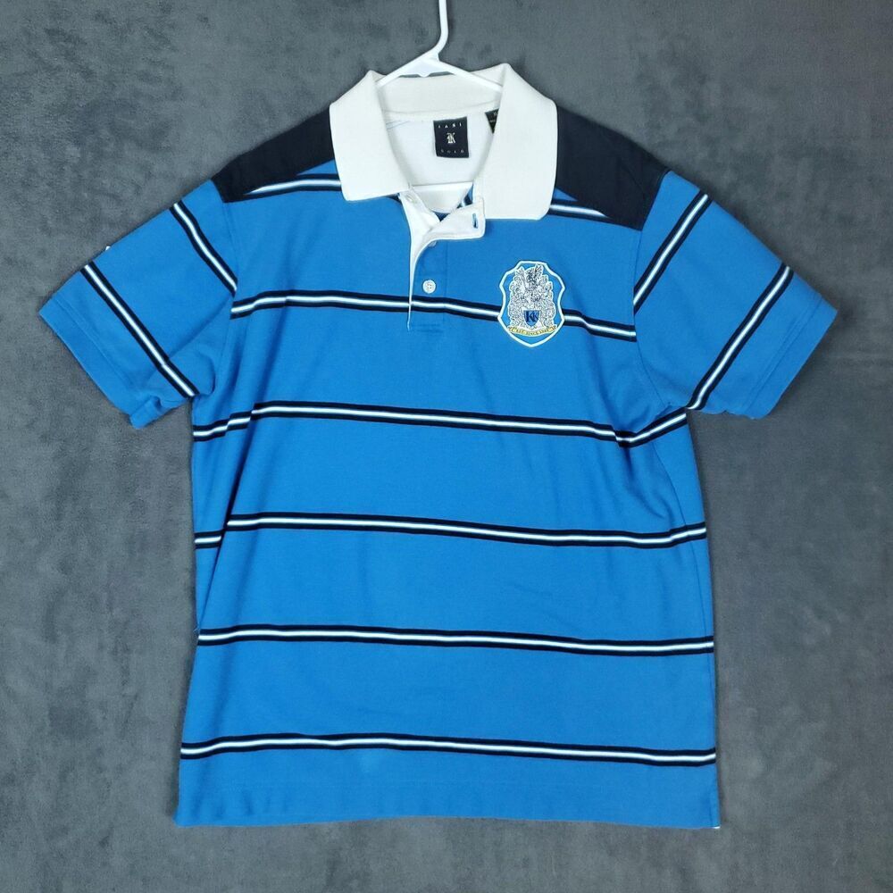 Vintage Kani Gold Polo Shirt Mens XL Blue Striped Fitted Crest Logo Preppy